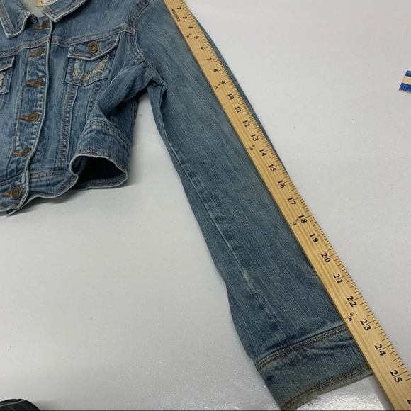 Crop Denim Jacket Woman Medium Y2K Blue Embroidery Beads Boho Western Paris Blue - Picture 9 of 9